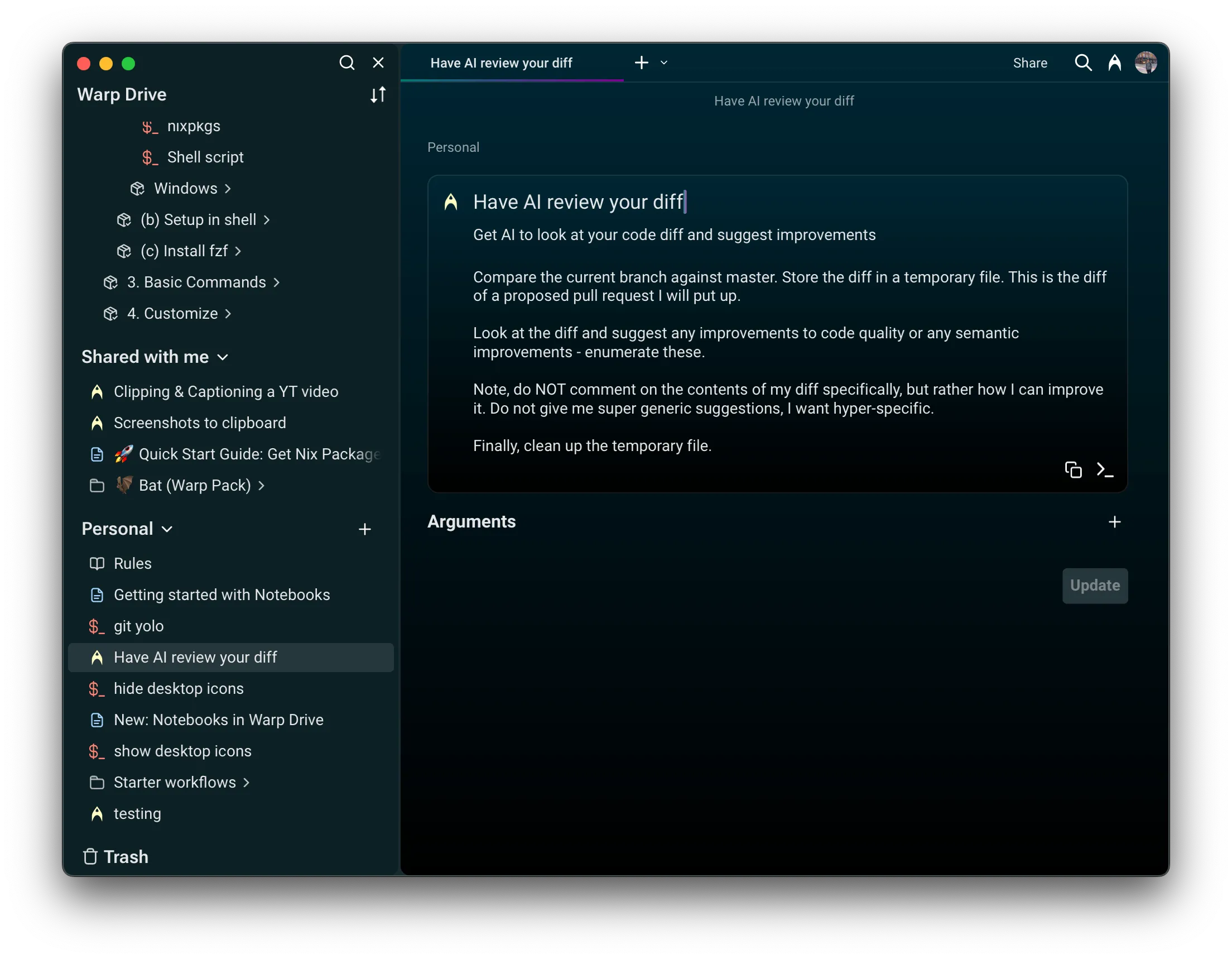 View of the Prompt editor interface showing the edit form with fields for name, query, description, and arguments